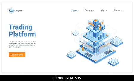 Modern trading platform landing page with isometric dashboard, stock charts, analytics screens, finance interface, and web app layout isolated on white background vector illustration Stock Vector