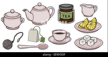 Set of charming tea party elements vector illustration, including teapot, sugar bowl, teacup, tea bag, strainer, spoon, milk jug, lemon slices, and su Stock Vector