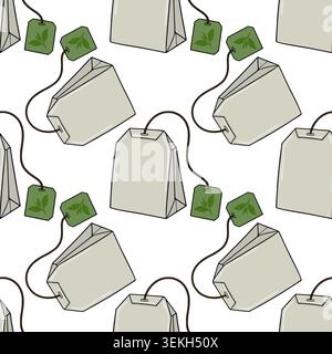 Seamless vector pattern of light beige tea bags with green tags featuring tea leaves, on a white background. Stock Vector