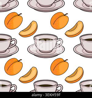 Seamless vector pattern of delicate teacups and vibrant apricot slices on a white background Stock Vector