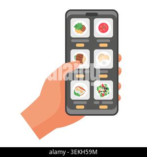Hand holding smartphone with food ordering app interface showing meal choices, restaurant menu browsing, and mobile delivery selection isolated on white background vector illustration Stock Vector