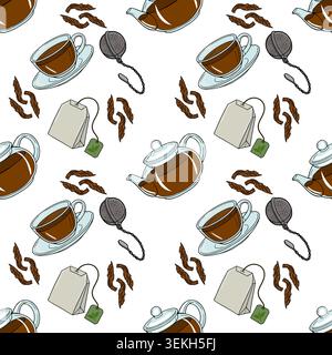 Seamless vector pattern of tea elements: teacups, teapots, tea bags, tea leaves, and tea infusers Stock Vector