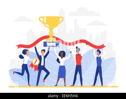 Happy business team celebrates success with trophy, ribbon and award in a city setting, showing teamwork, victory and motivation, isolated on white background vector illustration Stock Vector