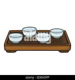 Set of four minimalist white tea cups on a wooden tray vector illustration Stock Vector