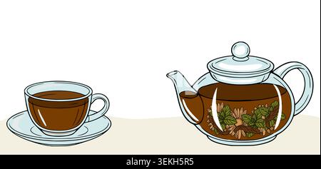 Vector illustration of a glass teapot filled with herbal tea and a cup of tea on a saucer Stock Vector