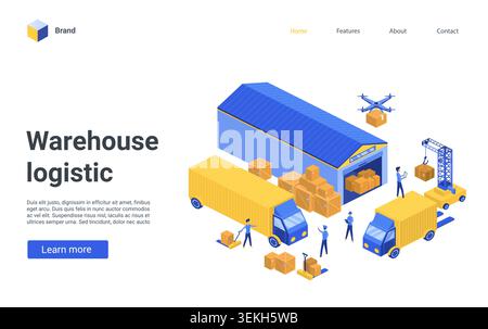 Modern warehouse logistic landing page with isometric trucks, cargo boxes, drone delivery, crane and workers for shipping, storage and distribution isolated on white background vector illustration Stock Vector
