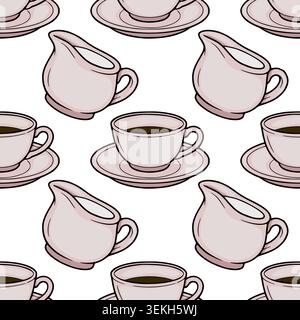 Seamless vector pattern of delicate pink teacups with saucers and cream pitchers filled with dark liquid Stock Vector