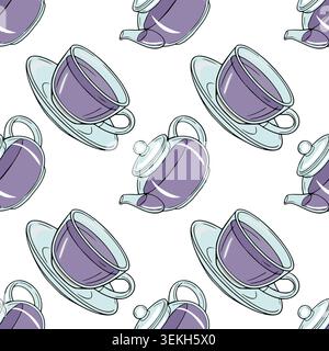 Seamless vector pattern of purple teacups and teapots on a white background Stock Vector