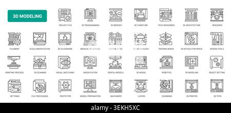 3D modeling and printing workflow symbols covering design, scanning, prototyping, machinery, architecture, medical models and fabrication tools complex black line icons set vector illustration Stock Vector