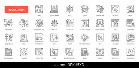 Blockchain and cryptocurrency symbols for digital payments, secure transactions, wallets, mining, smart contracts and decentralized finance systems complex black line icons set vector illustration Stock Vector