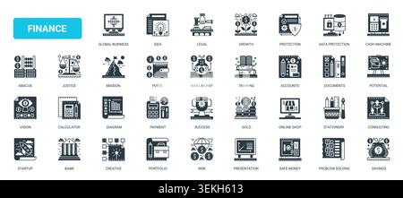 Finance and banking symbols covering accounting, payments, savings, legal services, protection, growth, investment online commerce solid black icons set vector illustration Stock Vector