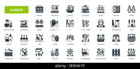 Garden themed symbols featuring tools, plants, harvest, watering, fencing and seasonal backyard work for agriculture, landscaping home growing projects solid black icons set vector illustration Stock Vector