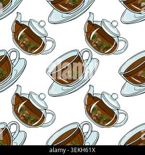 Seamless vector pattern of herbal tea in glass teapots and cups with chamomile flowers and mint leaves Stock Vector