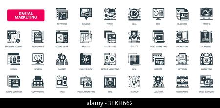 Digital marketing symbols covering SEO, blogging, traffic, social media, advertising, analytics and online promotion for business communication solid black icons set vector illustration Stock Vector