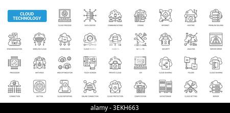 Cloud technology symbols for hosting, storage, security, data transfer, coding and network infrastructure in digital computing systems complex black line icons set vector illustration Stock Vector