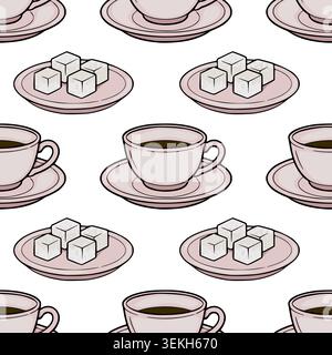 Seamless vector pattern of pink teacups with saucers and sugar cubes on plates Stock Vector