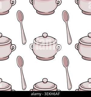 Seamless vector pattern of stylized soup bowls and spoons in soft pink, perfect for culinary backgrounds or textile design. Stock Vector