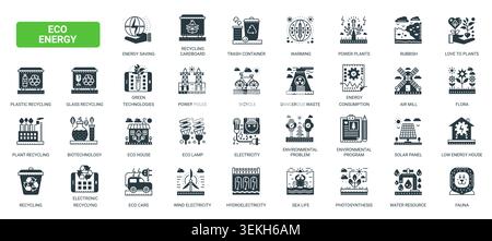 Eco energy, recycling and environmental sustainability symbols showing renewable power, waste sorting, green transport nature care solid black icons set vector illustration Stock Vector