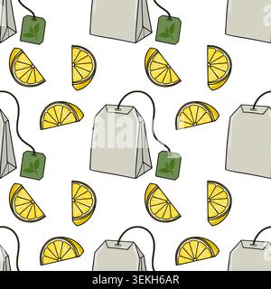 Seamless vector pattern of tea bags and bright yellow lemon slices, perfect for food and drink designs. Stock Vector
