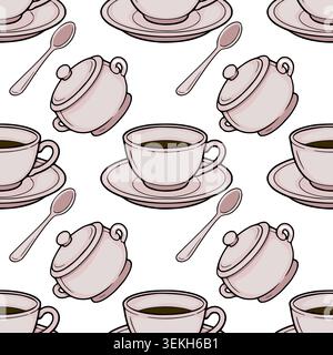 Seamless vector pattern illustration of pink teacups, saucers, sugar bowls, and spoons on a white background Stock Vector