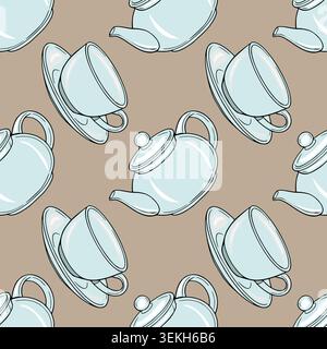 Seamless vector pattern of light blue teapots and cups on a brown background, perfect for kitchen decor. Stock Vector