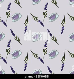 Seamless vector pattern of purple lavender sprigs and teacups with lavender tea Stock Vector
