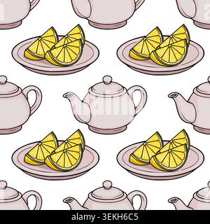 Seamless vector pattern of pink teapots and bright lemon slices on plates Stock Vector