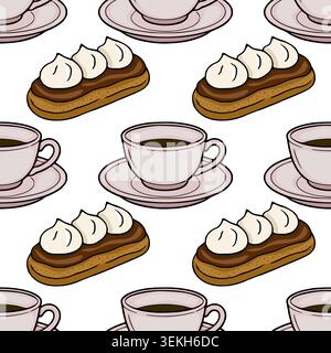 Seamless vector pattern of chocolate eclairs with cream and coffee cups Stock Vector