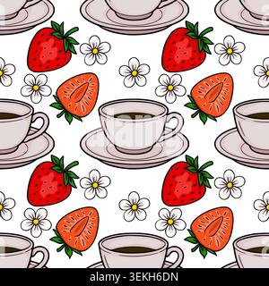 Seamless vector pattern of coffee cups, strawberries, and white flowers Stock Vector