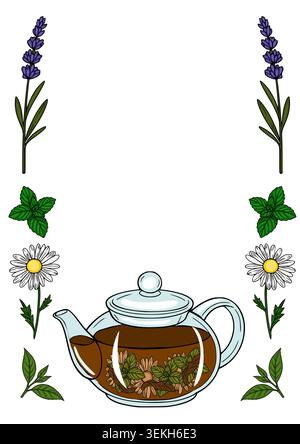 Herbal tea vector poster with chamomile, lavender, and mint elements Stock Vector