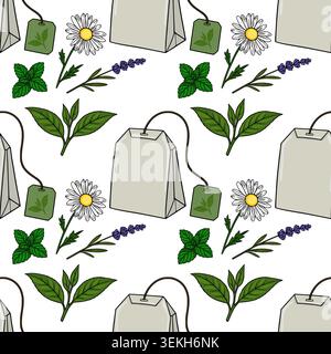 Seamless pattern vector illustration of tea bags, mint, lavender, and chamomile flowers Stock Vector