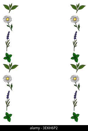 Vector illustration of a decorative poster border with tea leaves, daisies, lavender, and mint Stock Vector