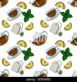 Seamless vector pattern of tea cups, teapots, mint leaves, lemon slices, and tea bags Stock Vector
