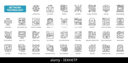 Network technology symbols for internet communication, servers, databases, cloud computing, security, analytics and digital infrastructure workflows complex black line icons set vector illustration Stock Vector