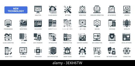 Digital network technology symbols showing connectivity, cloud computing, servers, databases, security, monitoring and wireless communication tools solid black icons set vector illustration Stock Vector