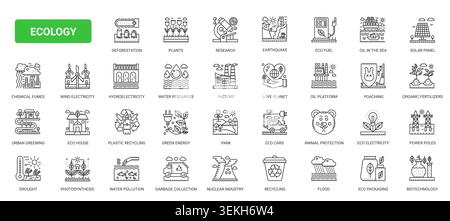 Environmental sustainability symbols covering renewable energy, recycling, conservation, pollution, climate risks and living concepts complex black line icons set vector illustration Stock Vector
