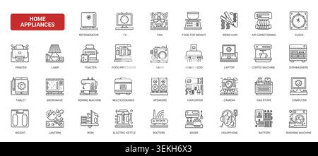 Household appliances and domestic electronics symbols covering kitchen, cleaning, climate and personal care devices for everyday home technology use complex black line icons set vector illustration Stock Vector