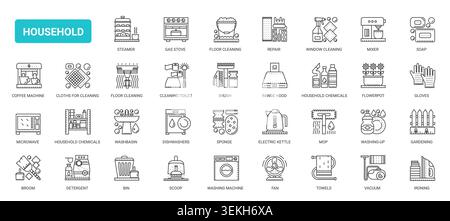 Household cleaning and home care symbols featuring appliances, tools and domestic maintenance essentials for everyday chores and organized living complex black line icons set vector illustration Stock Vector