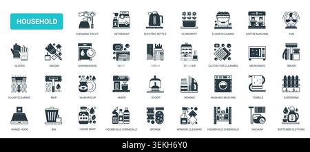 Household cleaning tools, laundry supplies and domestic appliances for everyday home maintenance, sanitation routines organized living spaces solid black icons set vector illustration Stock Vector
