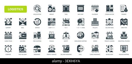 Comprehensive logistics and shipping services covering freight transport, delivery tracking, warehousing, packaging, insurance global distribution solid black icons set vector illustration Stock Vector