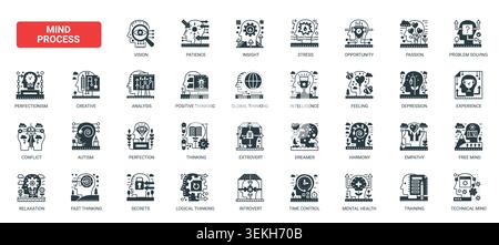 Mind process symbols showing thinking, emotion, analysis, creativity, stress, insight and problem solving for psychology, learning self development themes solid black icons set vector illustration Stock Vector