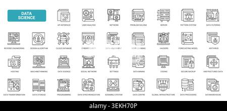 Data science and analytics symbols covering machine learning, servers, cybersecurity, storage, coding network systems for digital technology workflows complex black line icons set vector illustration Stock Vector