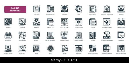 Online education and training concept featuring digital learning, courses, webinars, tests, books, tutorials remote study resources solid black icons set vector illustration Stock Vector