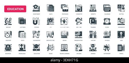 Academic learning symbols for school study, science classes, books, diploma, calendar and creative subjects in a clean educational theme solid black icons set vector illustration Stock Vector