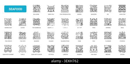 Seafood themed symbols featuring fish, shellfish, sushi and marine delicacies for restaurant menus, packaging, market labels and culinary branding complex black line icons set vector illustration Stock Vector