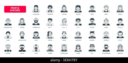 Diverse people avatars showing occupations, lifestyles and social roles for user profiles, community identity, education interface design solid black icons set vector illustration Stock Vector