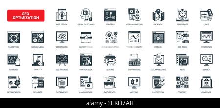 SEO optimization concept featuring search ranking, analytics, content strategy, web performance and online marketing tools for business growth solid black icons set vector illustration Stock Vector