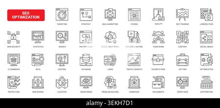SEO optimization symbols for search marketing, analytics, content strategy, web security, traffic growth and digital performance tools complex black line icons set vector illustration Stock Vector