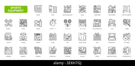 Sports equipment and athletic activity symbols featuring training gear, games, fitness tools and recreation essentials for active lifestyle themes complex black line icons set vector illustration Stock Vector