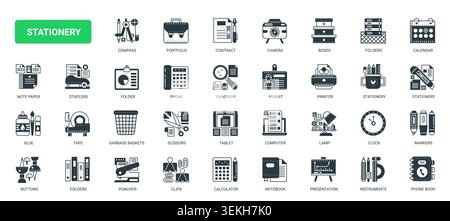 Stationery and office supply symbols for school, classroom workplace organization, featuring writing tools, folders, calendar, printer desk essentials solid black icons set vector illustration Stock Vector